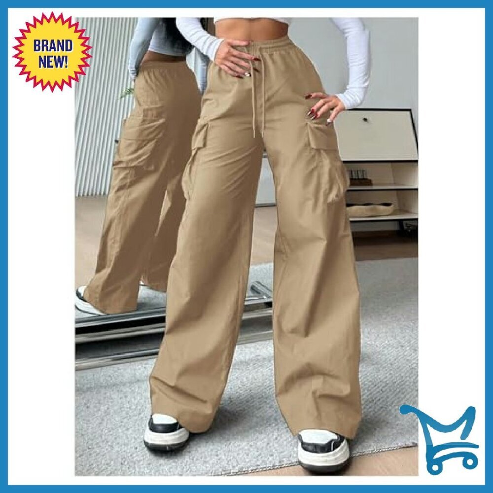 Women's Cargo Pants High Waist Wide Leg Drawstring Casual Streetwear - Picture 6 of 6